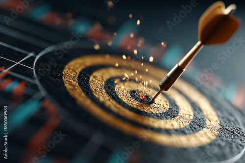 A dart hitting the bullseye on a dartboard, symbolizing accuracy and achieving goals with sparks flying around impact area.