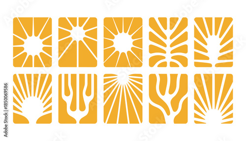 Ten Yellow Square With White Abstract Sunbursts Rays And Organic Shapes