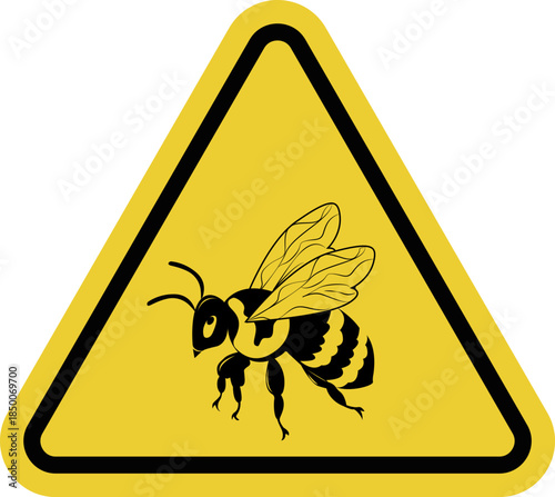 Bee. Yellow warning triangle sign. Area where bees are present or an apiary is located. Keep away from hives and be aware of the risk of allergic reactions to insect stings.