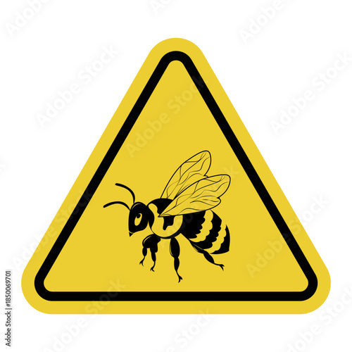 Bee. Yellow warning triangle sign. Area where bees are present or an apiary is located. Keep away from hives and be aware of the risk of allergic reactions to insect stings.