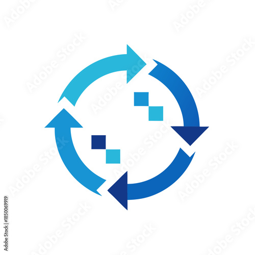 Circular arrows forming a recycling loop with digital square elements