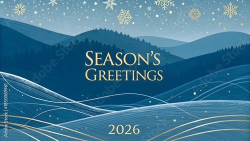 Season's Greetings 2026 Winter Landscape with Snowflakes.