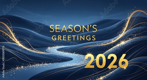 Seasons Greetings 2026 Golden Waves Blue Abstract Landscape.