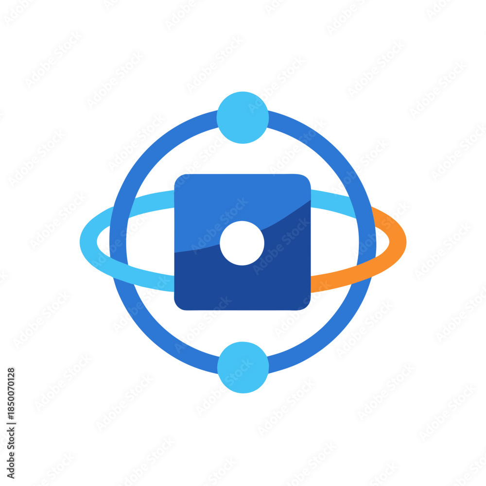 Obraz premium Blue square logo with circle and orbital design elements