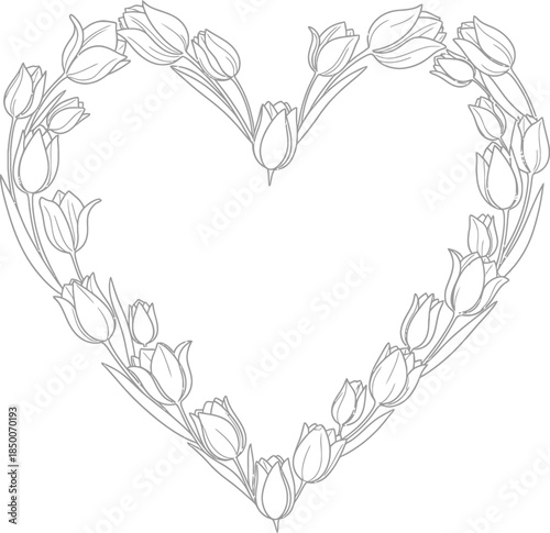 Minimalist Tulip Flower Heart Wreath Illustration: Elegant Botanical Line Art for Mother's Day and Wedding Decor