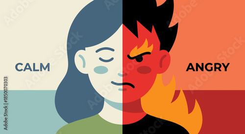 Calm and Anger Emotional Contrast, Mood Regulation Illustration