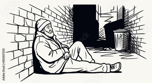 Homeless Man Sitting Alone, Poverty and Social Isolation Illustration