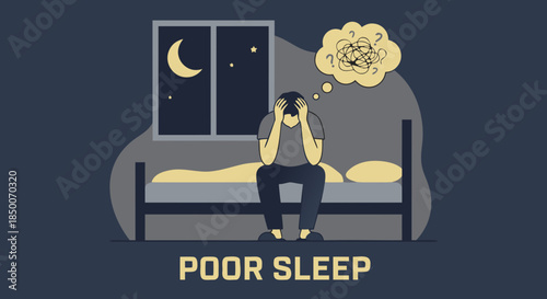Poor Sleep and Night Anxiety Concept, Insomnia Illustration