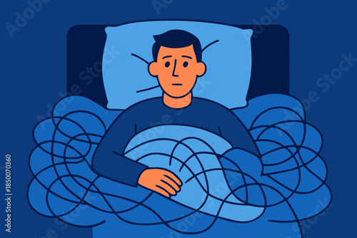 Man Lying Awake in Bed with Tangled Thoughts, Anxiety Illustration
