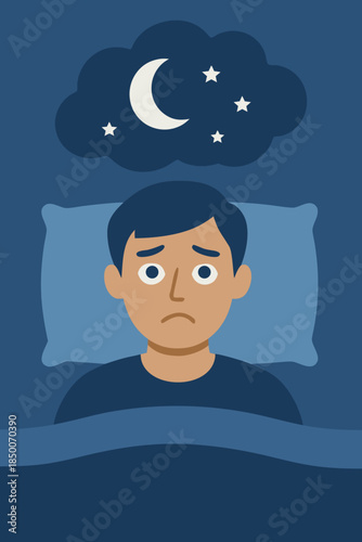Man Lying Awake at Night with Anxiety, Sleep Problems Illustration