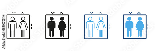 Elevator With Male And Female Symbols Line And Solid Icon Set. Gender Inclusive Elevator Signage And Accessibility Symbol Collection. Public Facility Navigation. Isolated Vector Illustration