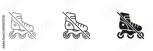 No Roller Skating Allowed Line And Icon Set. Prohibition Of Rollerblading In Restricted Areas Outline And Silhouette Symbol Collection. Safety And Regulation Signage. Isolated Vector Illustration