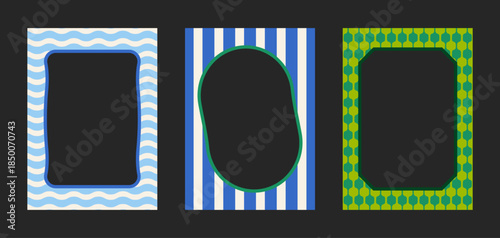 Collection of blue and green geometric border frames with wavy lines and stripes for modern design layout