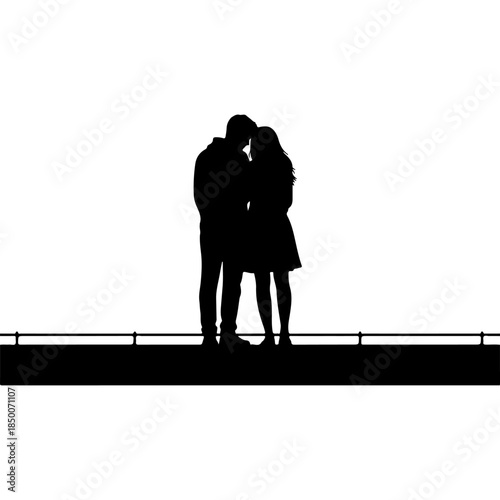 Silhouette of a couple embracing on a walkway Vector
