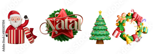 Santa Claus Emerging from a Gift Box,  Label “Natal” with Red Star Decoration, Christmas Tree, Colorful 3D Christmas Wreath with Decorations