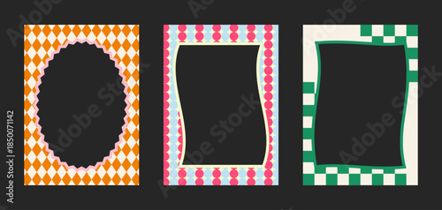 Set of groovy retro border frames with diamond and checkerboard patterns for aesthetic poster or flyer design