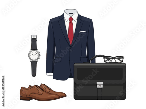 A flat lay of mens professional attire and accessories against a white background