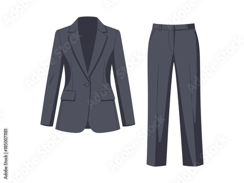 Dark gray womens business suit jacket and trousers displayed vertically