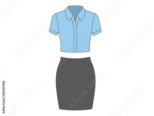 Flat illustration of a light blue shortsleeve collared shirt and a dark gray pencil skirt