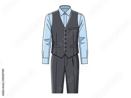 Flat illustration of a mans formal attire vest light blue shirt and dark trousers