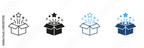Open Box With Stars Line And Solid Icon Set. Surprise, Creativity, And Innovation Outline And Silhouette Symbol Collection. Celebration And Discovery. Isolated Vector Illustration