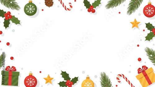 Festive Christmas Border Design with Ornaments, Pine Cones, Holly, and Candy Canes