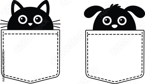 Cute cartoon cat and dog silhouettes peeking from stitched pockets – perfect for kids’ designs, apparel prints, stickers, and playful pet-themed graphics.