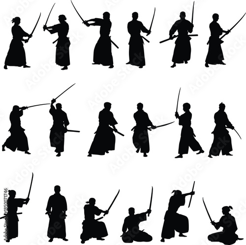 Silhouettes of martial artists practicing Japanese sword techniques – ideal for samurai themes, martial arts graphics, and traditional combat illustrations.