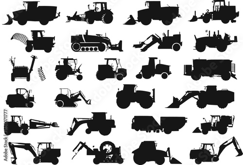 Industrial and agricultural machinery silhouette collection featuring tractors, excavators, loaders, and heavy equipment vehicles, black vector icons set isolated on white background
