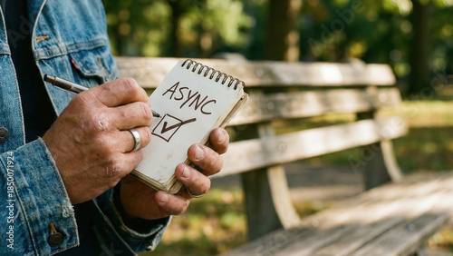 Fototapeta Naklejka Na Ścianę i Meble -  Person holding notebook with ASYNC written it, showing sense of contemplation and planning outdoor park bench setting focus thoughtful task