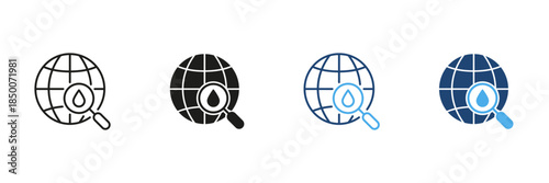 Globe With Magnifying Glass And Water Drop Line And Solid Icon Set. Global Water Resource Exploration And Environmental Analysis Outline And Silhouette Symbol. Isolated Vector Illustration
