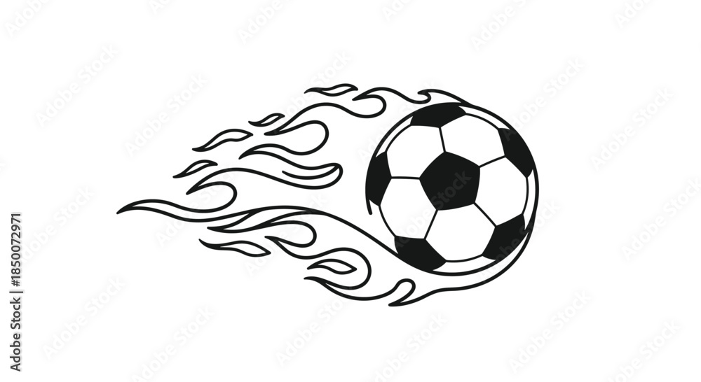 Obraz premium Black and white line art illustration of a soccer ball flying through the air with stylized flames trailing behind it to show speed and power.