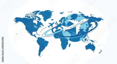 Commercial airplane flying over a stylized blue world map with orbital lines and globe representing global travel and international aviation.