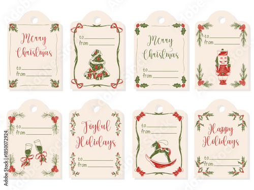 Christmas gift tags set with vintage ornaments, decorative frame and festive Merry Christmas text. Vector hand drawn illustration for holiday packaging, gift wrapping, greeting cards with copy space