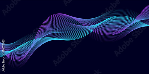Abstract dynamic wave line. Colorful flowing blue and purple light on black background. Modern lines wave. Vcetor illustration