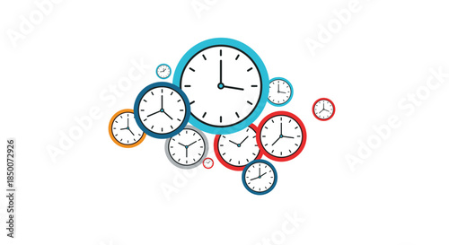 Group of various clocks with different sizes and colors such as blue, red, and orange arranged together showing different times on a white background.