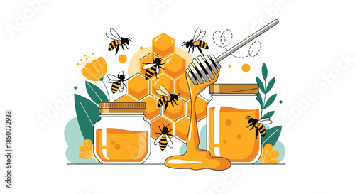 Sweet illustration of honey jars and honeycomb with several honey bees flying around and a wooden dipper dripping fresh honey on white background.
