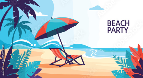 Inviting beach party background with a striped lounge chair and colorful umbrella on the sand with palm trees and ocean waves in the distance.