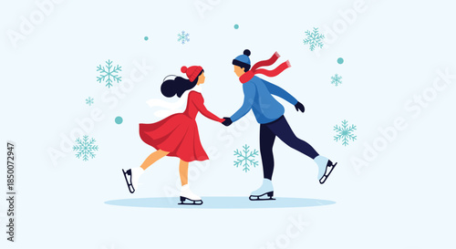 Romantic scene of a couple ice skating together on a frozen rink surrounded by falling snowflakes in a peaceful winter setting.
