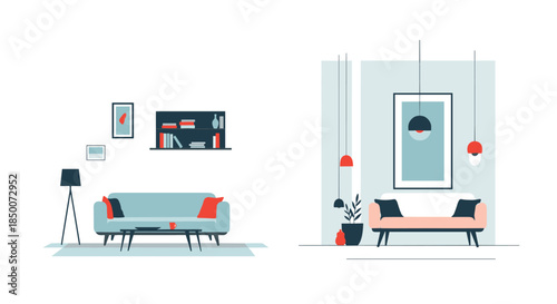 Comparison of two modern living room interior designs featuring comfortable sofas, coffee tables, lamps, wall art, and indoor plants.