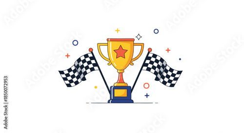 Golden winners trophy cup with a red star positioned between two waving checkered racing flags with decorative stars and circles on a white background.