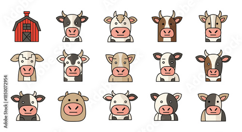 Array of different cow face icons showing various breeds and patterns alongside a small red barn on a clean white background in a cute style.