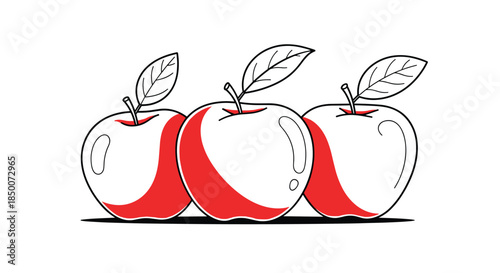 Simple black and white line drawing of three red apples with green leaves and stems standing together in a neat horizontal row.
