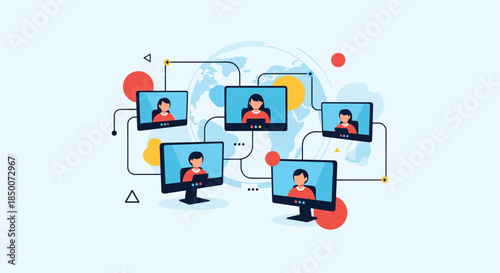 Illustration of a global video conference with several people on computer monitors connected across a world map background for remote work.