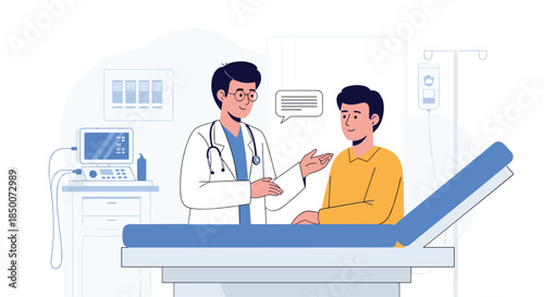 Professional medical scene showing a doctor in a white coat consulting with a young male patient sitting on an examination table in a clinic.