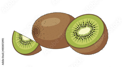 One whole kiwi fruit, a sliced half, and a small wedge showing the green flesh and black seeds isolated on a plain white background.