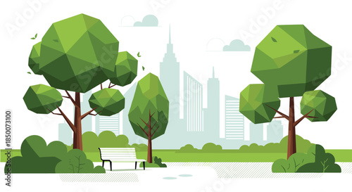 Modern low poly city park landscape with geometric green trees and white bench against urban skyscraper skyline background for city life.
