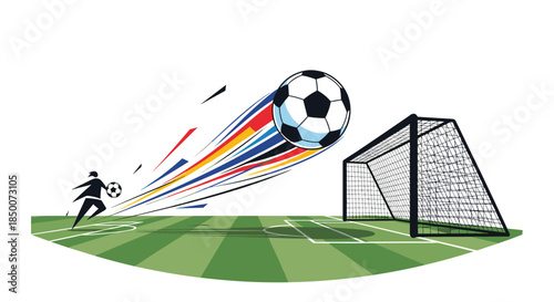 Artistic illustration of soccer player silhouette shooting ball with colorful rainbow trail towards goalpost on green football field turf.