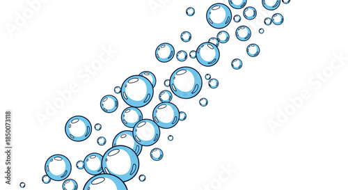 Rising diagonal stream of clear blue bubbles against white background for refreshing mineral water or eco friendly cleaning products.