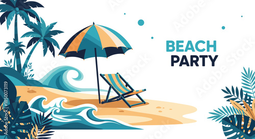 Vibrant beach party invitation background featuring lounge chair and umbrella on tropical shore with palm trees and turquoise ocean waves.